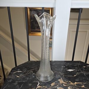 Vintage Art Deco Ribbed Glass Vase 12" MCM Trumpet Vase